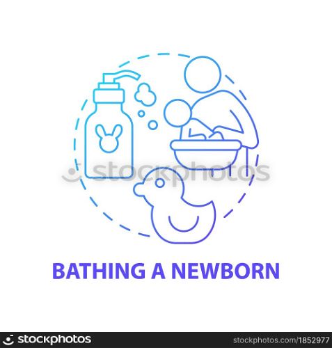 Bathing newborn blue gradient concept icon. Baby hygiene abstract idea thin line illustration. Take bath with baby twice a week. Kid bathtub. Skin care. Vector isolated outline color drawing. Bathing newborn blue gradient concept icon