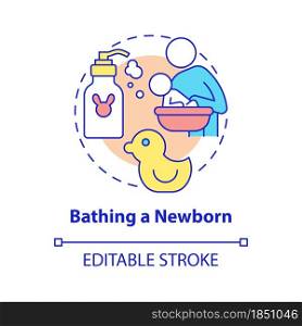 Bathing newborn concept icon. Baby hygiene abstract idea thin line illustration. Take bath with baby twice a week. Kid bathtub. Vector isolated outline color drawing. Editable stroke. Bathing newborn concept icon