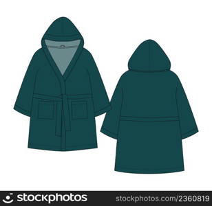 Bathrobe technical sketch. Hooded bathrobe with pocket and belt. Green color. Flat garment apparel template. Front and back views. Front and back. CAD fashion vector illustration. Bathrobe technical sketch. Hooded bathrobe with pocket and belt. Green color.