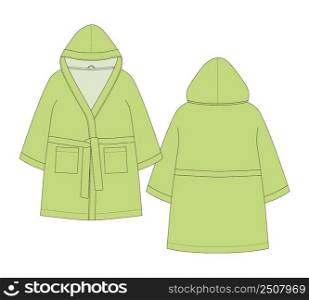 Bathrobe technical sketch. Hooded bathrobe with pocket and belt. Light green color. Flat garment apparel template. Front and back views. Front and back. CAD fashion vector illustration. Bathrobe technical sketch. Hooded bathrobe with pocket and belt. Light green color.