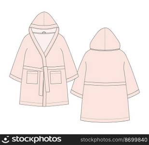 Bathrobe technical sketch. Light peach pink color. Hooded bathrobe with pocket and belt. Flat garment apparel template. Front and back. CAD fashion vector illustration. Bathrobe technical sketch. Light peach pink color. Hooded bathrobe with pocket and belt.