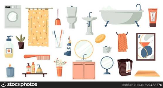 Bathroom accessories set. Cartoon toilet hygiene equipment, soap gel sh&oo, sink with mirror towel and bathtub faucet. Vector flat collection of bathroom set to hygiene in toilet illustration. Bathroom accessories set. Cartoon toilet hygiene equipment, soap gel sh&oo, sink with mirror towel and bathtub faucet. Vector flat collection