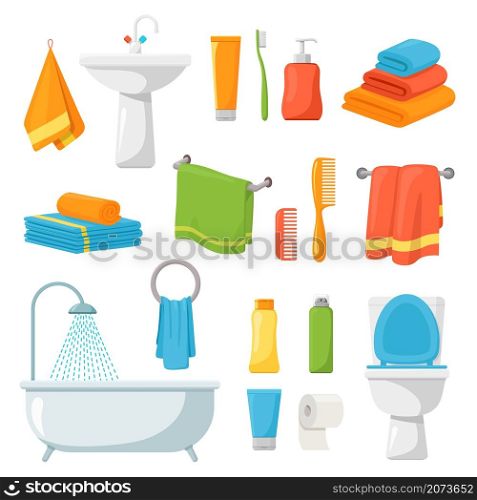Bathroom accessories. Spa hygiene product, sink towel bath. Body care, soap toothbrush shampoo and deodorant vector set. Illustration bathroom and shampoo, softness textile, toothbrush and paper. Bathroom accessories. Spa hygiene product, sink towel bath. Body care elements, cartoon soap toothbrush shampoo and deodorant recent vector set