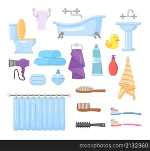 Bathroom accessories. Toothbrush, toilet and soap. Bath interior elements, hygiene cartoon icons. Towels and bottle, bathtub decent vector collection on white. Bathroom accessories. Toothbrush, toilet and soap. Bath interior elements, hygiene cartoon icons. Towels and bottle, bathtub decent vector collection