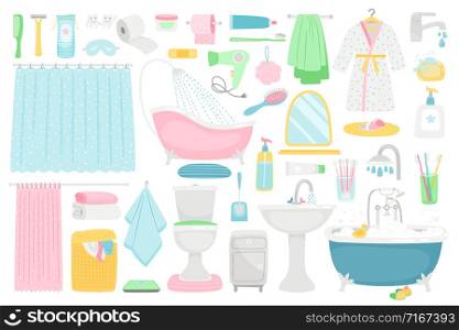 Bathroom cartoon elements. Vector bath room interior furniture and hygiene accessories, bath and towel, soap and toothbrush. Bathroom cartoon furniture and accessories