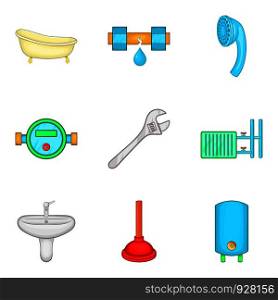 Bathroom cleaning icon set. Cartoon set of 9 bathroom cleaning vector icons for web design isolated on white background. Bathroom cleaning icon set, cartoon style