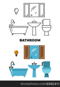 Bathroom concept - flat style and line style bathroom design. Bath and toilet, vector illustration. Bathroom concept - flat style and line style bathroom design