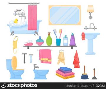 Bathroom elements. Bath sink, cartoon toothbrush and hygiene objects. Towels, bottles, lamp and mirror. Isolated interior decent vector set. Illustration of bathroom, towel, toothbrush and bath. Bathroom elements. Bath sink, cartoon toothbrush and hygiene objects. Towels, bottles, lamp and mirror. Isolated interior decent vector set