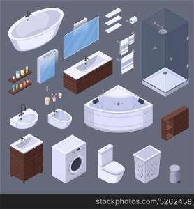 Bathroom Elements Isometric Collection. Bathroom isometric interior elements with pieces of furniture and lavatory equipment isolated images on grey background vector illustration