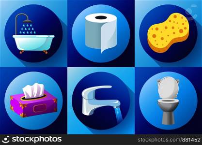 Bathroom flat colored icon set vector - Toilet, water tap, napkins, toilet paper, towels, shower, washcloth and bath sponge. Bathroom flat colored icon set vector - Toilet, water tap, napkins, toilet paper, towels, shower, washcloth and bath sponge,