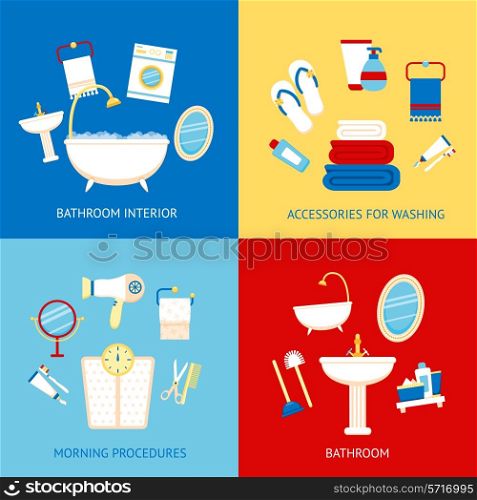Bathroom flat colored icons set with interior accessories for washing morning procedures isolated vector illustration