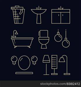 Bathroom furniture and accessories line icons set. Linear bath, vector illustration. Bathroom furniture and accessories line icons set