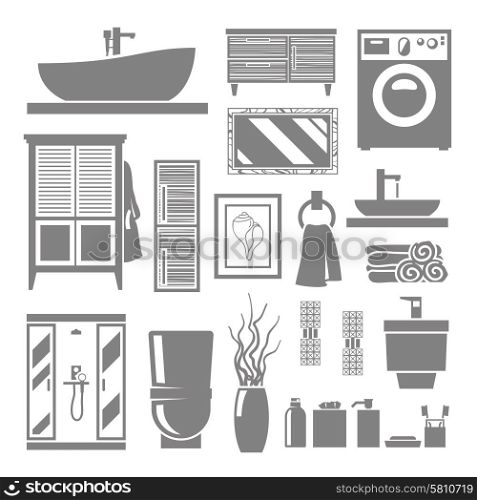Bathroom furniture and hygiene objects grey flat icons set isolated vector illustration. Bathroom Furniture Icons