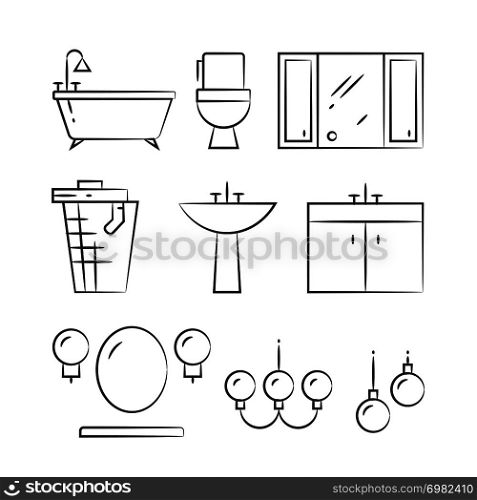 Bathroom furniture and lighting hand drawn line icons. Shower and bath, vector illustration. Bathroom furniture and lighting hand drawn line icons