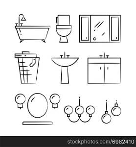 Bathroom furniture and lighting hand drawn line icons. Shower and bath, vector illustration. Bathroom furniture and lighting hand drawn line icons