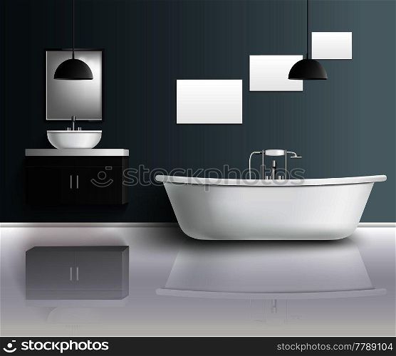 Bathroom furniture interior realistic composition with modern bathroom fixtures sink mirrors and decor elements with reflexions vector illustration. Bathroom Realistic Interior Composition
