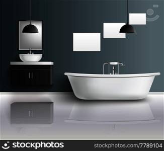 Bathroom furniture interior realistic composition with modern bathroom fixtures sink mirrors and decor elements with reflexions vector illustration. Bathroom Realistic Interior Composition
