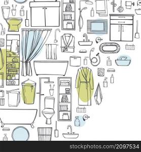 Bathroom furniture, plumbing, shower accessories. Vector background.