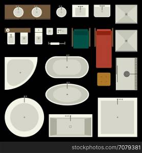 Bathroom furniture set. Icons set of bathroom furniture and elements, top view.