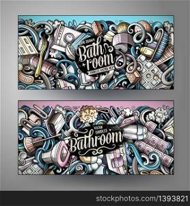 Bathroom hand drawn doodle banners set. Cartoon detailed flyers. Bath identity with objects and symbols. Color vector design elements illustration. Bathroom hand drawn doodle banners set. Cartoon detailed flyers.
