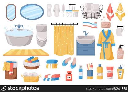 Bathroom hygiene products. Sanitary equipment. Sh&oo and lotion bottles. Personal care. Isolated deodorant and bath soap. Shower tower. Bath curtain. Toilet paper and towels. Vector illustration set. Bathroom hygiene products. Sanitary equipment. Sh&oo and lotion. Personal care. Deodorant and bath soap. Shower tower. Bath curtain. Toilet paper and towels. Vector illustration set