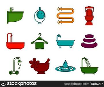 Bathroom icon set. Color outline set of bathroom vector icons for web design isolated on white background. Bathroom icon set, color outline style