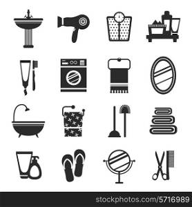 Bathroom icons black and white set with wash basin hairdryer weights cream isolated vector illustration