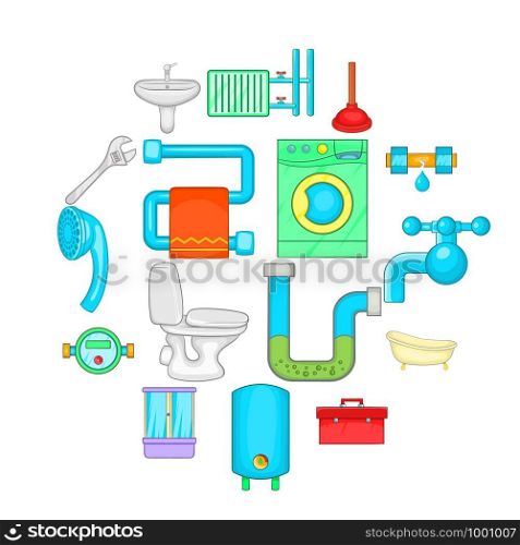 Bathroom icons set in cartoon style. Plumbing service set collection vector illustration. Bathroom icons set, cartoon style