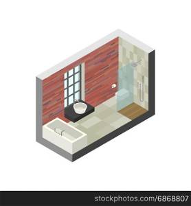 Bathroom in isometric view. Bathroom in isometric view. Vector illustration of bathroom with brick wall and window.