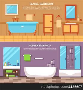Bathroom Interior Banner Set. Interior furniture of the bathroom in classic and modern style banner set vector illustration
