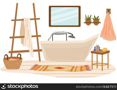 Bathroom interior. Bath, towel on a hanger, table with candles and soap, carpet, wicker basket with laundry, houseplant. Flat vector illustration isolated on white background