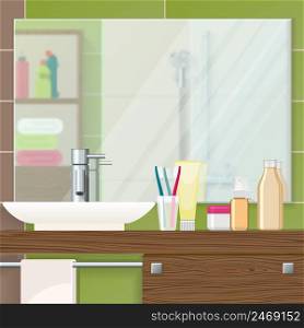 Bathroom interior closeup with mirror on tiled wall sink and cosmetics on textural brown shelf vector illustration. Bathroom Interior Closeup