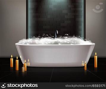 Bathroom interior design with bath foam and candles realistic vector illustration. Bathroom Interior Design 