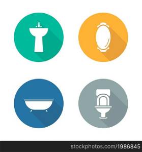 Bathroom interior flat design icons set. Bathtub and sink long shadow symbols. Restroom sanitary ware. Toilet and mirror white silhouette pictograms. Vector infographics elements in color circles. Bathroom interior flat design icons set