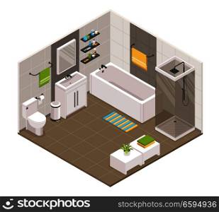Bathroom interior isometric view with bath shower cabine cubicle toilet sink units towel holders accessories vector illustration . Bathroom Interior Isometric