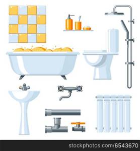 Bathroom interior. Plumbing icon set.. Bathroom interior. Plumbing icon set. Items for sanitary engineering shop. Sale, service and installation.