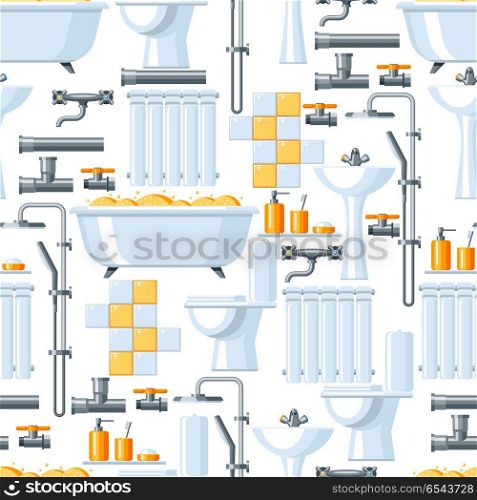 Bathroom interior. Plumbing seamless pattern.. Bathroom interior. Plumbing seamless pattern. Background for sanitary engineering shop. Sale, service and installation.