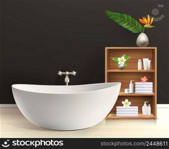 Bathroom interior poster bath in a retro style bathroom with furniture vector illustration. Bathroom Interior with Furniture