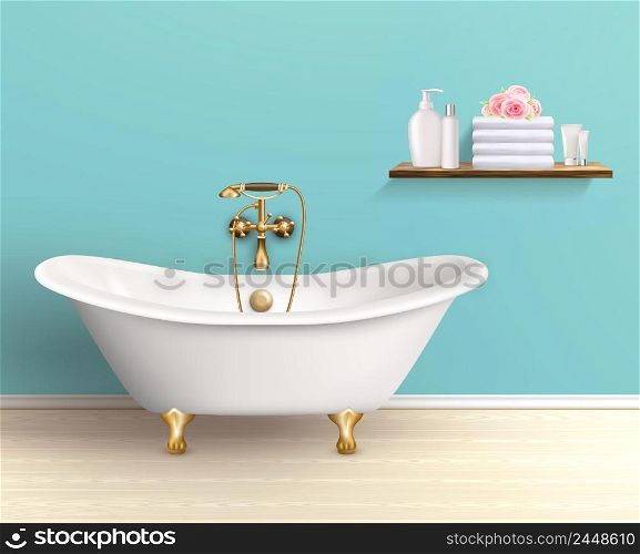 Bathroom interior poster or promo flyer bathtub in the house with blue walls shelf with bath accessories vector illustration. Bathroom Interior Colored Poster