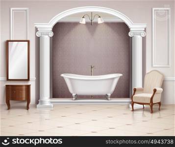 Bathroom Interior Realistic Design. Beautiful luxurious bathroom interior with victorian columns furniture and white clawfoot bathtub realistic design vector illustration