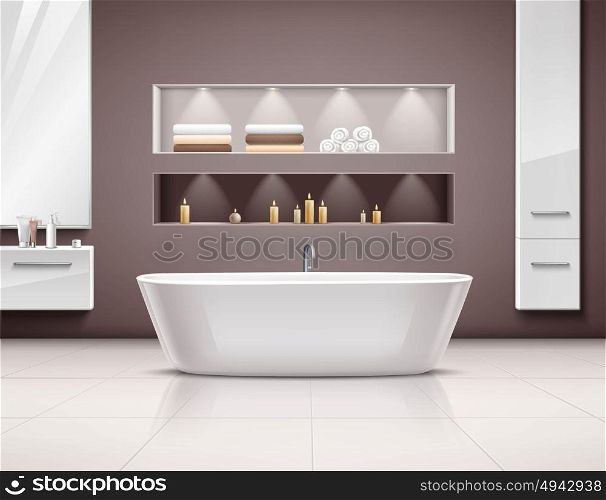 Bathroom Interior Realistic Design. Luxurious bathroom interior realstic design with white bath and accessories vector illustration