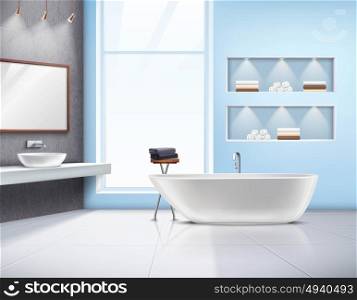 Bathroom Interior Realistic Design. Modern spacious sunlit bathroom interior realistic design with white bath sink accessories and big window vector illustration
