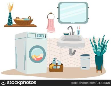 Bathroom interior. Sink, washing machine, laundry basket, detergents, mirror, indoor flower. Flat vector illustration isolated on white background