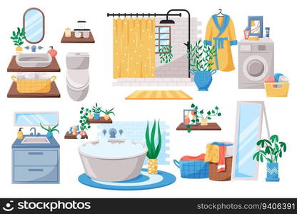 Bathroom interior. Toilet room. Bath and laundry basket. Closet or washroom modern furniture. Sink with toiletries. Plants in pots. Washing machine. Restroom elements set. Vector flat illustration. Bathroom interior. Toilet room. Bath and laundry basket. Closet or washroom modern furniture. Sink with toiletries. Washing machine. Restroom elements set. Vector flat illustration