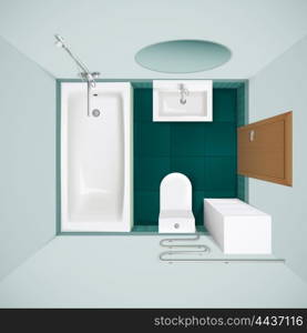 Bathroom Interior Top View Realistic Image. Little bathroom with green floor tiles bathtub toilet bowl and sink realistic top view image vector illustration