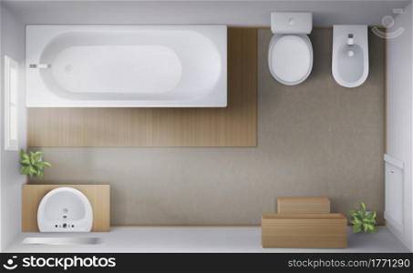 Bathroom interior top view, room with empty bath tub, toilet and bidet bowls, ceramic sink with mirror, window, rug on floor. Modern lavatory visualization, home wc, Realistic 3d vector design project. Bathroom interior top view, room with empty tub