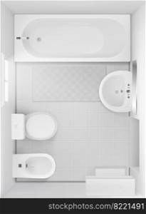 Bathroom interior top view, white room with bathtub, toilet bowl, bidet, ceramic sink with mirror and rug on tiled floor, modern lavatory visualization, home wc, Realistic 3d vector design project. Bathroom interior top view, room design project
