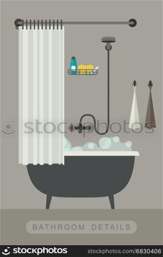 Bathroom interior with bath.. Bathroom equipment. Interior with bath in flat style. Vector illustration.