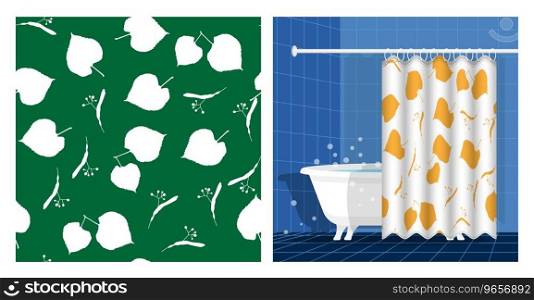 Bathroom interior with bathtub and curtain decorated black silhouettes of linden leaves seamless pattern. Leaves of linden tree. Vector illustration, ornament for design of posters, printing on fabric