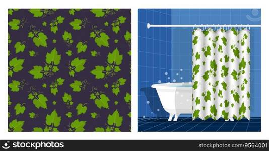 Bathroom interior with bathtub and curtain decorated seamless pattern with green leaves and tendrils. Vector illustration, ornament for design of posters, printing on fabric